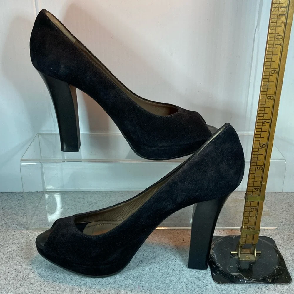 Hugo Boss orange stacked black suede peep toe heels. 4.5” heels Eu 39. Box 10 - Picture 1 of 6